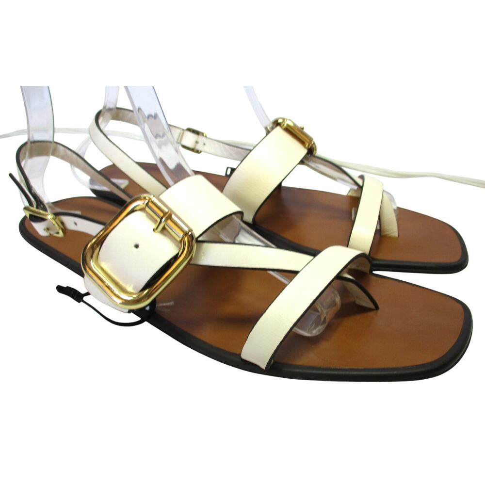 New ZARA Cream Leather Gold Buckle Strappy Flat Sandals Women Sz 8.5 - Picture 2 of 9